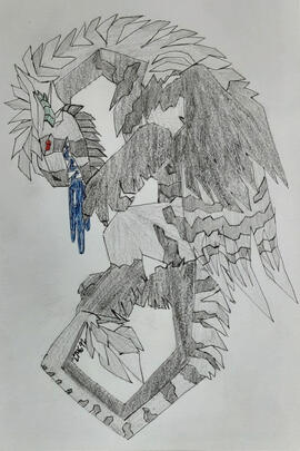 Traditional fullbody, unusually angular. Graphite pencil and ballpoint pen.