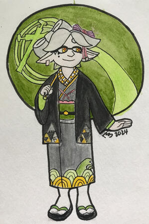 Traditional fullbody. Watercolor pencil and ink.