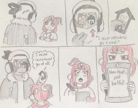 Traditional comic page. Graphite and carmine pencil. Six panels, two subjects.