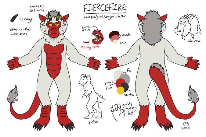Digital two-view reference sheet. This one includes large solid color spots to pick from and clarified details.