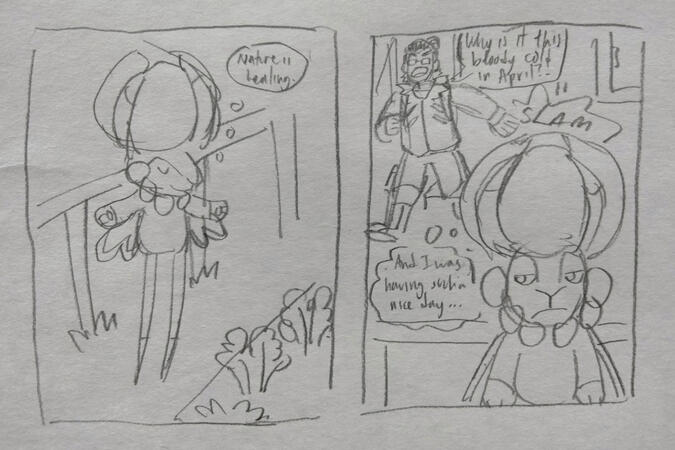 Pencil sketch, two panels. The kind of gamble you can expect from Dloodle Deals A and/or B.