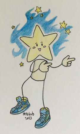 Traditional fullbody. Full color in watercolor pencil and fineliner ink. (OC belongs to ArtFight user @canual.)