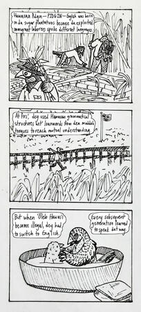 Traditional comic page with digital overlay. Ink on paper; markmaking utilized. (Drawn as part of an educational assignment.)