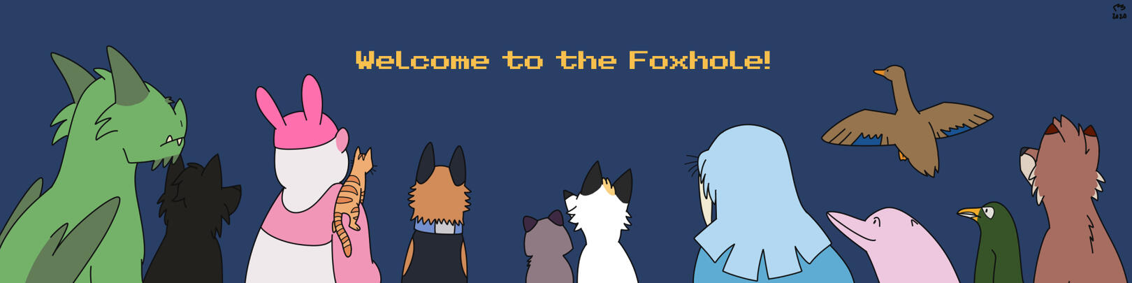 Twitch banner, digital closed lines, multiple characters.