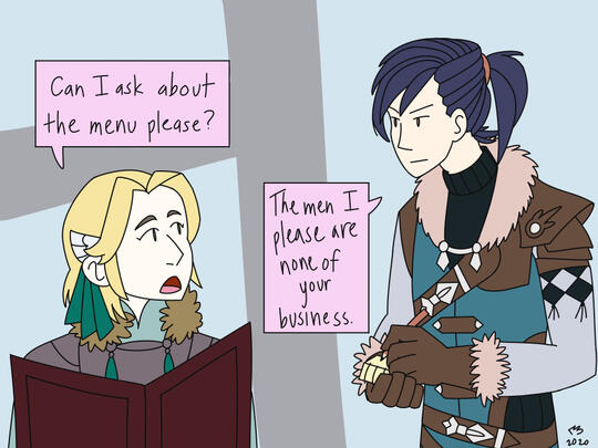 Two characters, digital full color, halfbody, custom background.