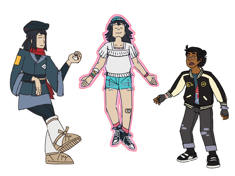 Digital fullbody sketches. Full color, open lines. No background.