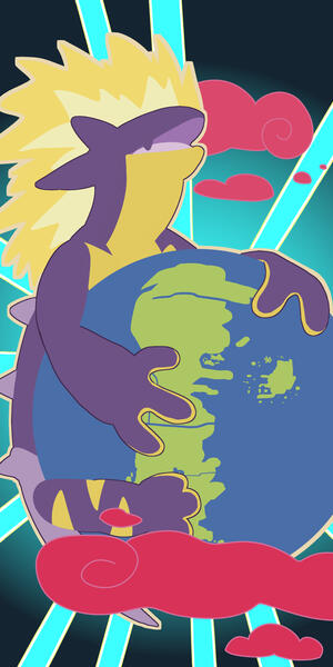 Digital wallpaper, full body, full color, custom lines. Complex background.