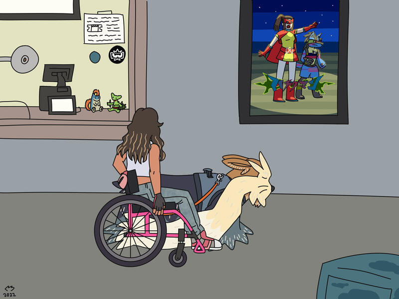 Digital fullbody, full color, closed lines. Complex background.