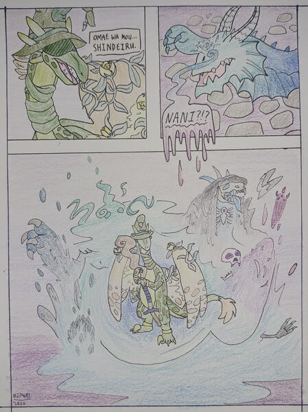 Traditional comic page. Colored pencil and ink lines. Multiple subjects.