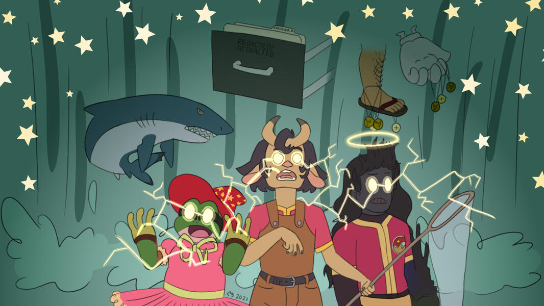 Digital hybrid lines, three halfbody, full color, complex background.