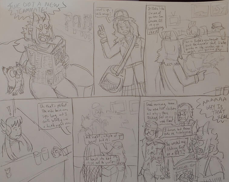 Pencil sketch, colorless, multiple panels.