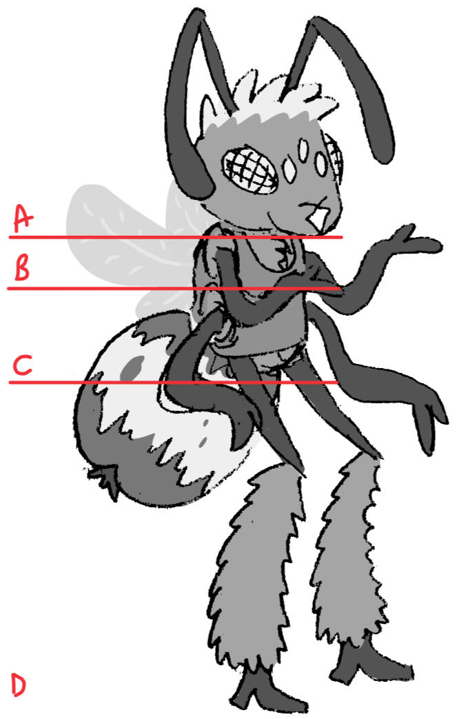 Apple Bee drawing. His body is sectioned off with lines (labeled A above his neck, B at his chest, C below his hips, and an unmarked D at ankle level).